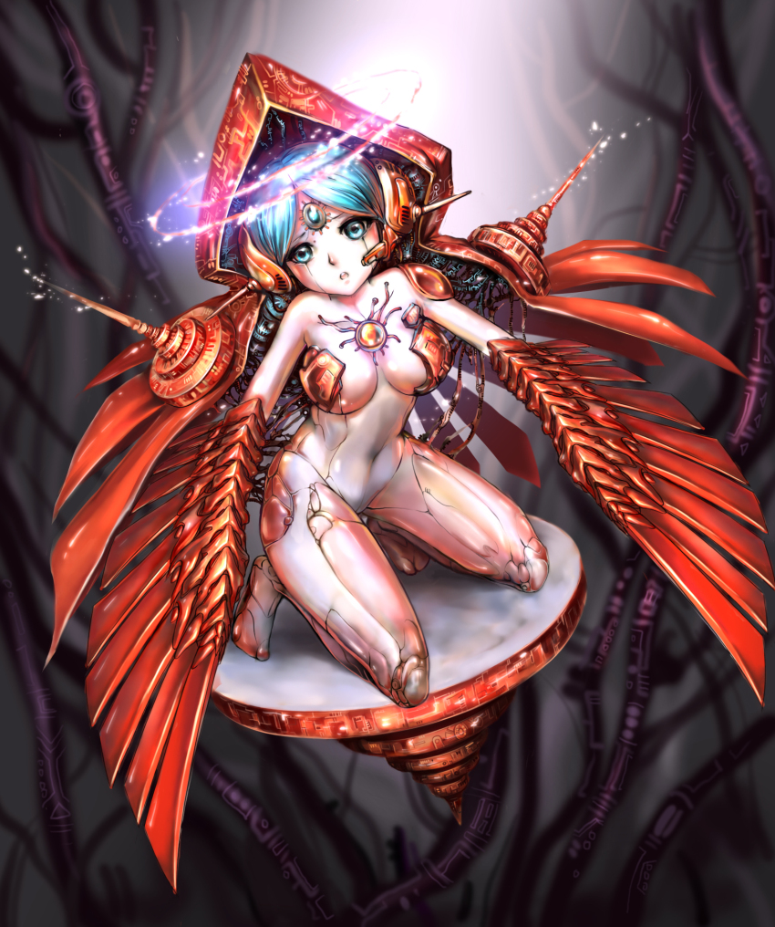 1girl android blue_eyes blue_hair breasts cable cape chest_jewel commentary english_commentary forehead_jewel full_body headgear highres hood hood_up hooded_cape joints kneeling large_breasts looking_at_viewer original platform robot_joints solo tung-monster winged_arms wings