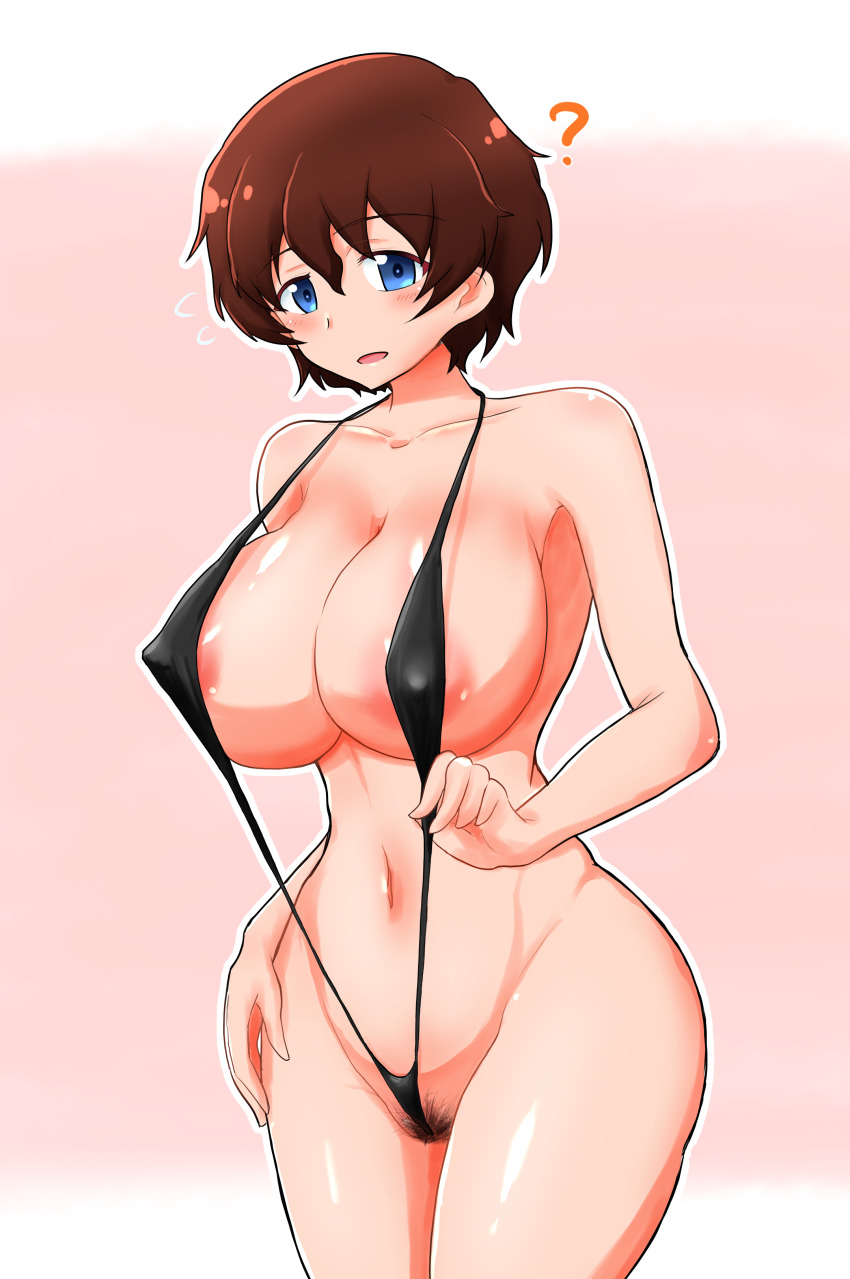 1girl absurdres akaboshi_koume areola_slip blue_eyes blush breasts brown_hair cleavage covered_erect_nipples cube_(huidama) girls_und_panzer highres huge_breasts large_areolae large_breasts looking_at_viewer messy_hair navel open_mouth pubic_hair short_hair slingshot_swimsuit solo swimsuit
