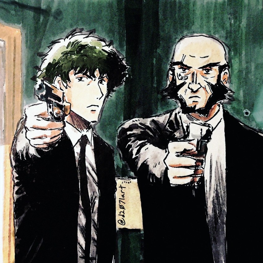 2boys aiming beard cowboy_bebop d2071 facial_hair gun highres jet_black multiple_boys parody pulp_fiction scar scar_across_eye scar_on_face spike_spiegel tagme weapon