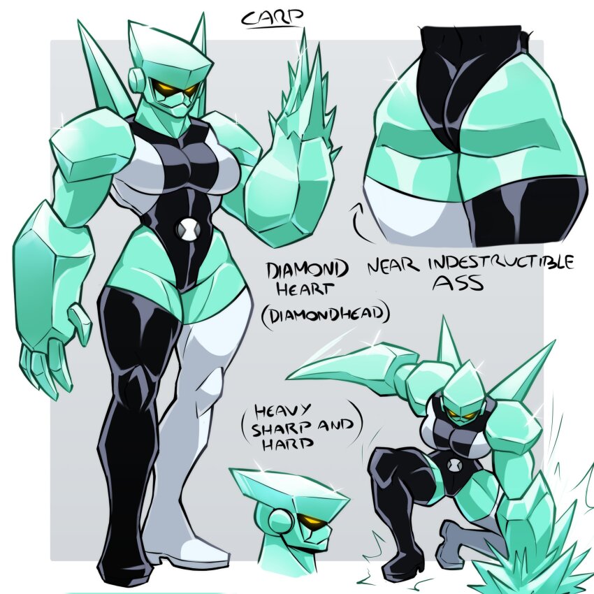 1girl absurdres alien ass ben_10 black_boots black_leotard boots breasts carpinchor123 colored_skin diamondhead english_text genderswap genderswap_(mtf) green_skin highres leotard medium_breasts mismatched_boots multicolored_leotard thigh_boots two-tone_leotard white_boots white_leotard