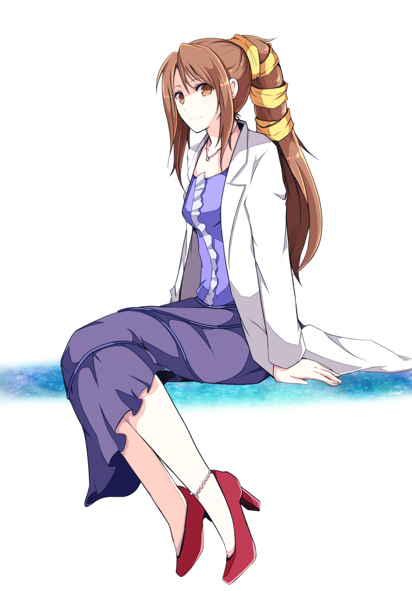 1girl anklet blue_shirt blue_skirt breasts brown_eyes closed_mouth dirge_of_cerberus_final_fantasy_vii final_fantasy final_fantasy_vii frilled_shirt frills hair_ribbon high_heels highres jacket jewelry lab_coat long_hair long_skirt lucrecia_crescent medium_breasts nanao_(zonzonsh) necklace parted_bangs ponytail pumps red_footwear ribbon shirt sitting skirt smile solo white_background white_jacket yellow_ribbon