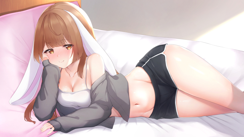 1girl animal_ears bed bed_sheet benedia black_shorts blush breasts brown_eyes brown_hair cleavage clip_studio_paint_(medium) closed_mouth collarbone commission dolphin_shorts fake_animal_ears grey_jacket highres jacket looking_at_viewer lying medium_breasts navel on_side original pillow rabbit_ears short_shorts shorts sidelocks smile solo tank_top thighs white_tank_top