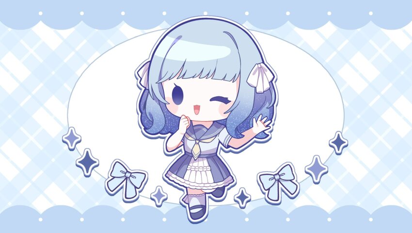1girl ;d blue_background blue_dress blue_eyes blue_hair blue_sailor_collar blue_shoes blunt_bangs blush_stickers chibi chibi_only commentary_request dress full_body hair_ribbon hands_up highres iriam looking_at_viewer medium_hair nada_namie natsumi_koko necktie one_eye_closed open_mouth plaid_background ribbon sailor_collar shoes short_sleeves smile socks solid_oval_eyes solo virtual_youtuber white_ribbon white_socks yellow_necktie
