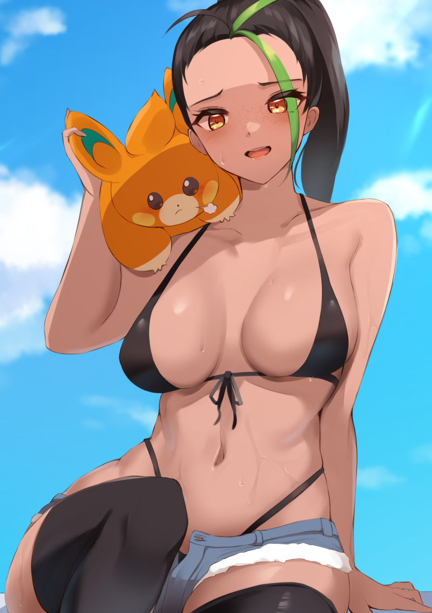 1girl absurdres bare_shoulders bikini black_bikini blue_shorts blue_sky blush breasts cloud collarbone cutoffs dark-skinned_female dark_skin day foreshortening freckles front-tie_bikini_top front-tie_top haneramu highleg highleg_bikini highres large_breasts looking_at_viewer multicolored_hair navel nemona_(pokemon) nintendo on_shoulder open_fly open_mouth outdoors pawmi pokemon pokemon_(creature) pokemon_on_shoulder pokemon_sv short_shorts shorts sitting skindentation sky streaked_hair swimsuit teeth thighhighs thighs upper_teeth_only wet