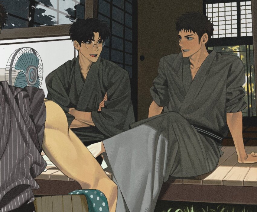 2boys black_eyes black_hair black_kimono cowboy_shot crossed_arms crossed_legs day electric_fan eye_contact glasses japanese_clothes japtangtang2 kimono kogure_kiminobu looking_at_another male_focus mitsui_hisashi multiple_boys outdoors porch scar scar_on_chin scar_on_face shade short_hair slam_dunk_(series) sleeves_rolled_up smile