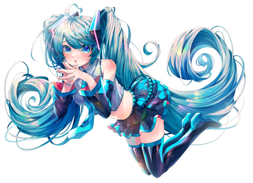 1girl :o absurdres ahoge alternate_costume aqua_eyes aqua_hair aqua_necktie bare_shoulders black_skirt black_sleeves black_thighhighs blouse blue_nails boots crop_top detached_sleeves fingers_together floating floating_hair full_body grey_shirt hair_ornament hatsune_miku heart heart_ahoge high_heels highres long_hair looking_at_viewer miniskirt nail_polish necktie open_mouth pleated_skirt shirayuki_towa shirt shoulder_blush shoulder_tattoo simple_background skindentation skirt sleeveless sleeveless_shirt solo spiral steepled_fingers symbol_in_eye tattoo thigh_boots thighhighs twintails very_long_hair vocaloid white_background zettai_ryouiki