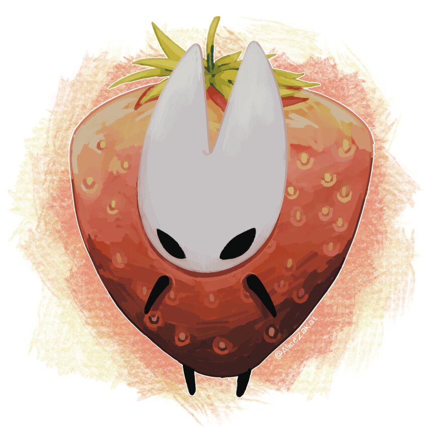 1girl alicezakat alternate_costume arthropod_girl artist_name black_eyes black_skin blank_eyes colored_skin female_focus food fruit full_body highres hollow_knight hornet_(hollow_knight) red_background simple_background solo standing strawberry strawberry_costume twitter_username watermark white_background