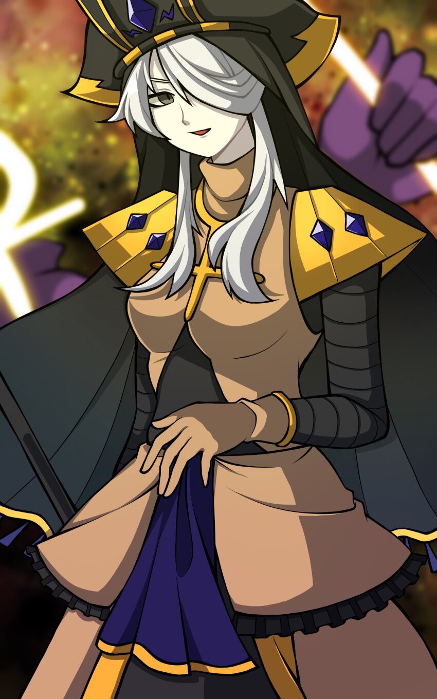 1girl 1jumangoku black_eyes black_headwear black_sleeves black_veil brown_dress brown_gloves cowboy_shot cross crown dress extra_hands frilled_dress frills galaxy gloves hair_over_one_eye hair_over_shoulder highres holding hollow_song_of_birds long_hair looking_at_viewer open_mouth original set-taishou shoulder_pads smile solo striped_sleeves touhou turtleneck turtleneck_dress veil white_hair