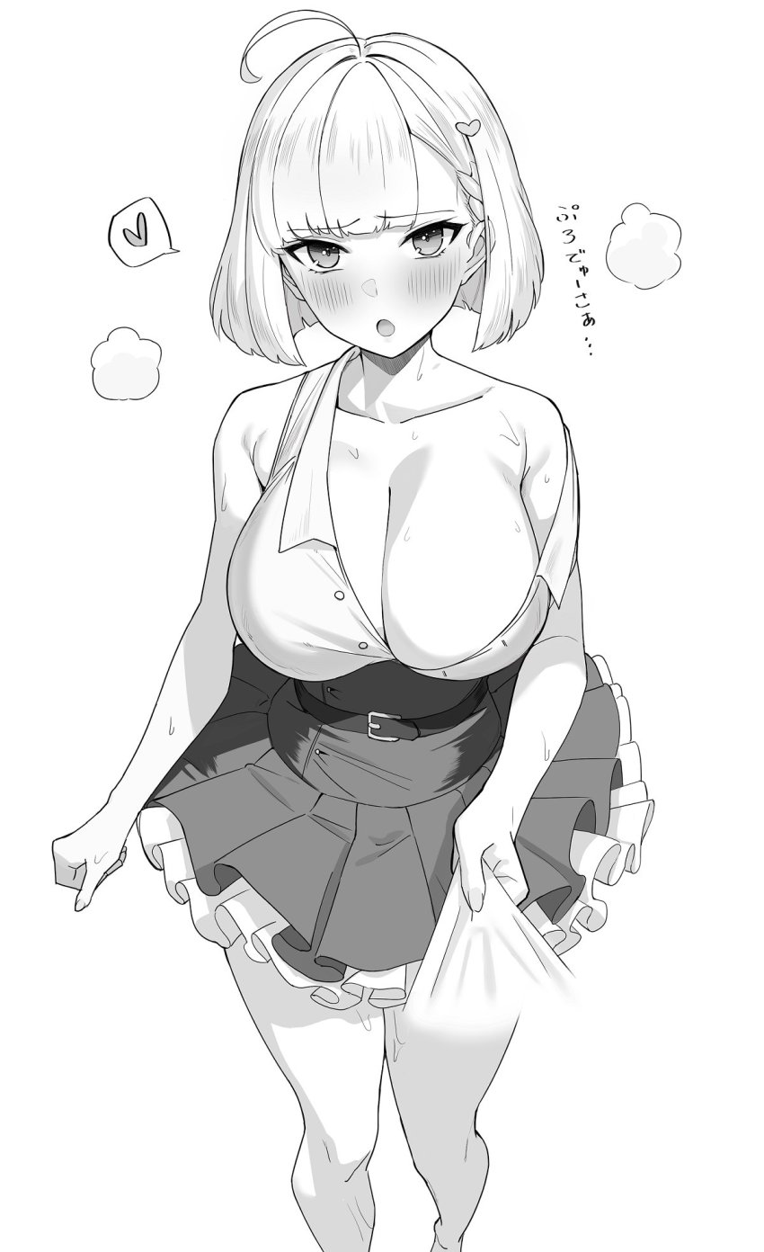 1girl :o ahoge armpit_crease asymmetrical_hair bare_legs blunt_bangs blush braid breasts breath cleavage collarbone feet_out_of_frame french_braid frilled_skirt frills greyscale griffon_(last_origin) hair_ornament heart heart_hair_ornament highres large_breasts last_origin layered_skirt looking_at_viewer miman_(hasutaro_stream) miniskirt monochrome no_bra off_shoulder open_clothes open_mouth open_shirt parted_bangs partially_unbuttoned pleated_skirt pov shirt shirt_tucked_in short_hair simple_background single_braid skirt sleeveless sleeveless_shirt solo_focus standing sweat translated white_background