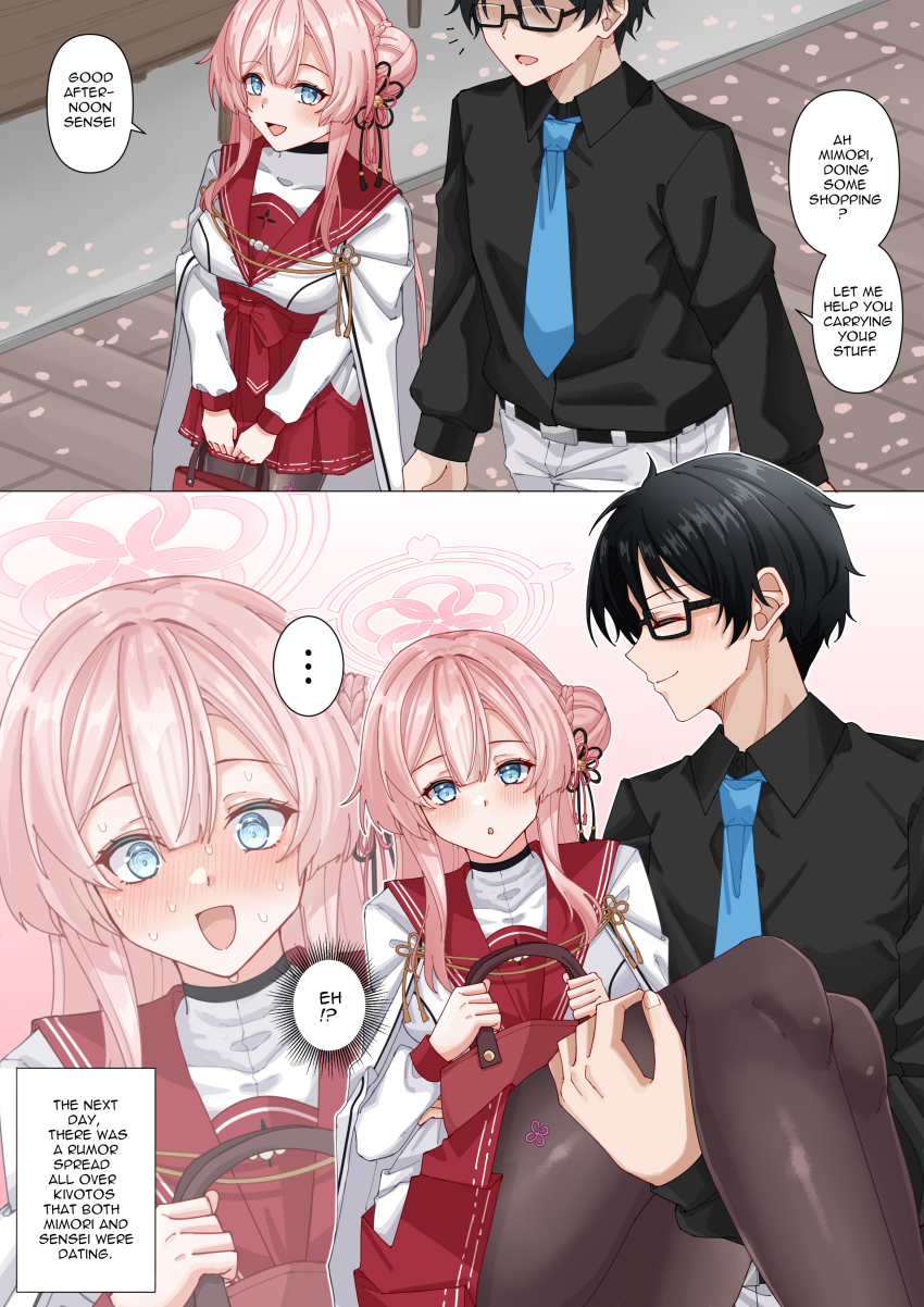 1boy 1girl absurdres bag black_hair black_pantyhose black_ribbon black_shirt blue_archive blue_eyes blue_necktie blush carrying closed_eyes glasses hair_bun hair_ribbon highres holding holding_bag looking_at_another mimori_(blue_archive) necktie no_eyes open_mouth pants pantyhose pink_hair princess_carry red_bag red_sailor_collar red_skirt ribbon rynn_(darknescorez) sailor_collar sensei_(blue_archive) shirt single_side_bun skirt sweatdrop white_pants white_shirt
