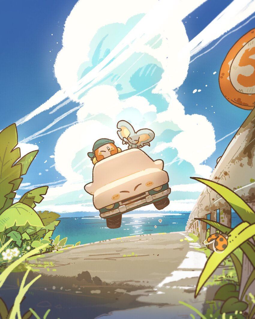 bandana_waddle_dee black_eyes blue_sky blush_stickers bright_pupils bug car car_mouth closed_eyes cloud cloudy_sky commentary elfilin happy harukui highres horizon insect kirby kirby_(series) kirby_and_the_forgotten_land ladybug motor_vehicle mouthful_mode nintendo no_humans no_mouth outdoors sky summer symbol-only_commentary water white_pupils