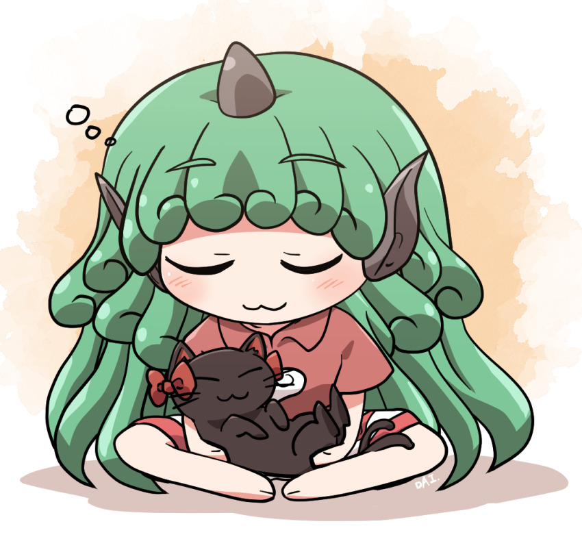 1girl :3 barefoot black_cat blush cat closed_eyes closed_mouth collared_shirt commentary_request curly_hair full_body green_hair horns indian_style kaenbyou_rin kaenbyou_rin_(cat) kariyushi_shirt komainu_ears komainu_girl komano_aunn long_hair red_shirt rokugou_daisuke shirt short_sleeves shorts signature single_horn sitting squeans touhou u_u white_shorts
