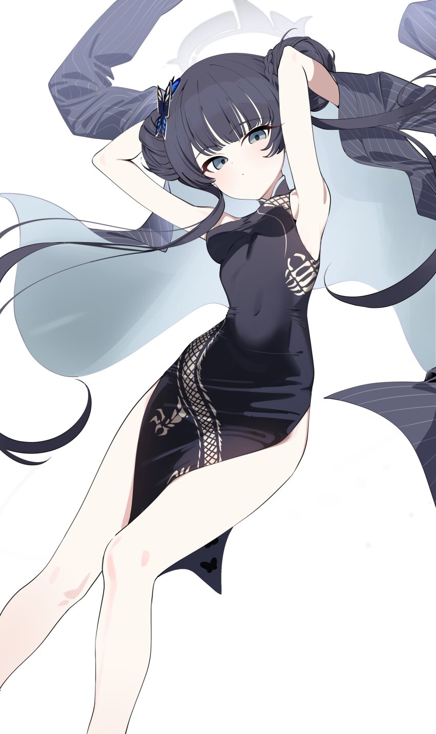 1girl a20_(atsumaru) absurdres black_dress blue_archive braid braided_bun butterfly_hair_ornament china_dress chinese_clothes coat double_bun dragon_print dress grey_coat grey_eyes grey_halo hair_bun hair_ornament halo highres jacket kisaki_(blue_archive) pelvic_curtain pinstripe_jacket pinstripe_pattern print_dress solo striped_clothes striped_jacket vertical-striped_clothes vertical-striped_jacket