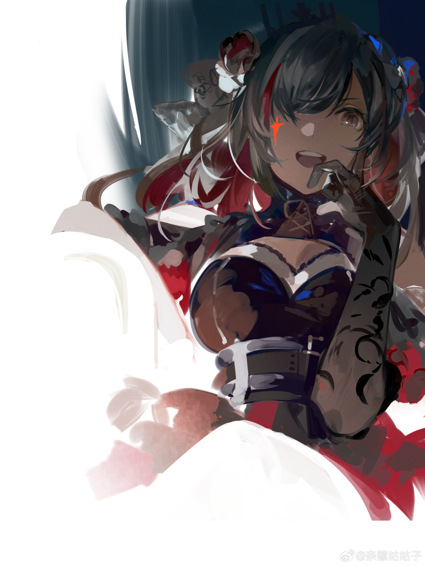 1girl absurdres belt breasts brown_hair crown dress hair_ornament highres idolmaster idolmaster_shiny_colors large_breasts long_hair narakuuu red_dress solo tsukioka_kogane