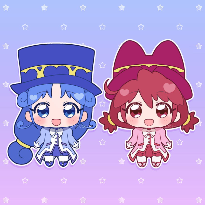 2girls :d ahoge artist_name blue_background blue_boots blue_coat blue_eyes blue_hair blue_hat blue_skirt blush boots bow bowtie buttons chibi chibi_only coat commentary curly_hair fine_(futagohime) full_body fushigiboshi_no_futago_hime gradient_background hair_between_eyes hair_intakes hat highres long_hair long_sleeves looking_at_viewer low-tied_long_hair low_twintails matching_outfits multiple_girls no_nose open_mouth overcoat pantyhose pink_boots pink_coat pleated_skirt pom_pom_(clothes) pom_pom_footwear puffy_long_sleeves puffy_sleeves purple_background red_eyes red_hair red_hat red_skirt rein_(futagohime) siblings side-by-side sisters skirt smile standing star_(symbol) star_symbol_background top_hat twins twintails two-tone_background umiyuki_(umi_chu) white_bow white_bowtie white_pantyhose