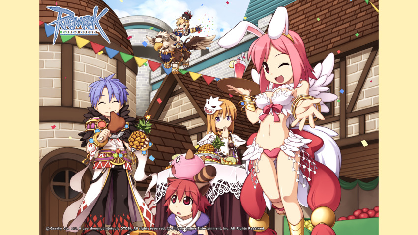 2boys 3girls :3 animal animal_ears animal_on_head argyle_cape argyle_clothes argyle_pants armor assassin_(ragnarok_online) back_bow bandages bangle bikini black_cat black_footwear black_pants blonde_hair blue_sky bow bracelet bracer breasts brown_hair building cape cat cat_on_head closed_eyes closed_mouth confetti copyright_notice cross_of_prontera day detached_sleeves eating fake_animal_ears feather_trim feathered_wings food fruit full_body fur_collar gauntlets genetic_(ragnarok_online) gryphon_(ragnarok_online) hair_between_eyes highres holding holding_food house jewelry large_bow logo long_hair looking_at_viewer mask mask_on_head meat medium_breasts medium_hair mismatched_bikini misty_(ragnarok_online) multiple_boys multiple_girls official_art official_wallpaper on_head open_mouth outdoors pants pauldrons pineapple pink_hair poring purple_eyes purple_hair purple_shirt rabbit_ears raccoon_ears raccoon_tail ragnarok_online reaching reaching_towards_viewer red_bikini red_bow red_eyes red_hair royal_guard_(ragnarok_online) sandals shirt shoes short_hair short_sleeves shoulder_armor sky small_breasts smile sorcerer_(ragnarok_online) swimsuit tail v-shaped_eyebrows vambraces waist_cape wanderer_(ragnarok_online) white_bikini white_cape white_shirt white_sleeves white_wings wildrose wings yuichirou