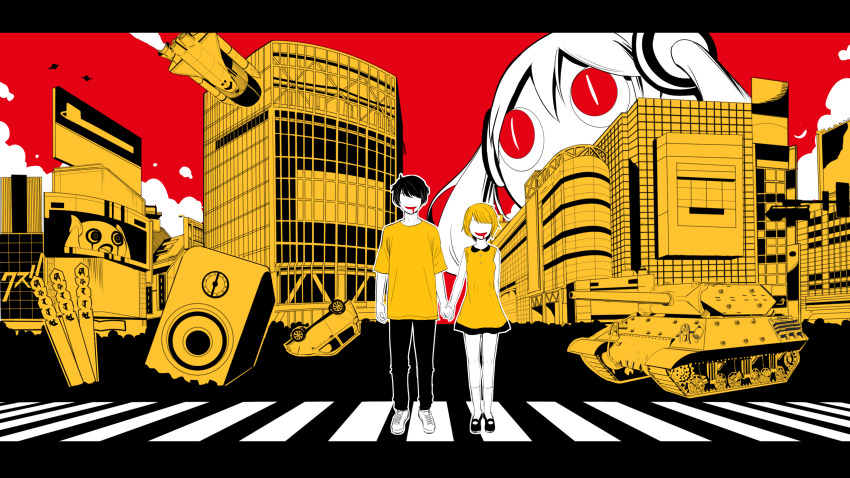 1boy 2girls absurdres aimaina arms_at_sides billboard black_footwear black_hair black_pants building buttons car city collared_dress colored_skin crosswalk doushite-chan dress drooling enma-sama_no_iutoori_(vocaloid) giant giantess highres holding_hands limited_palette mary_janes military military_vehicle motor_vehicle multiple_girls no_eyes open_mouth outdoors outline pants pinocchio-p red_eyes rocket shirt shoes short_hair short_sleeves sleeveless sleeveless_dress sneakers speaker swept_bangs t-shirt tank very_short_hair vocaloid white_footwear white_outline white_skin yellow_dress yellow_shirt