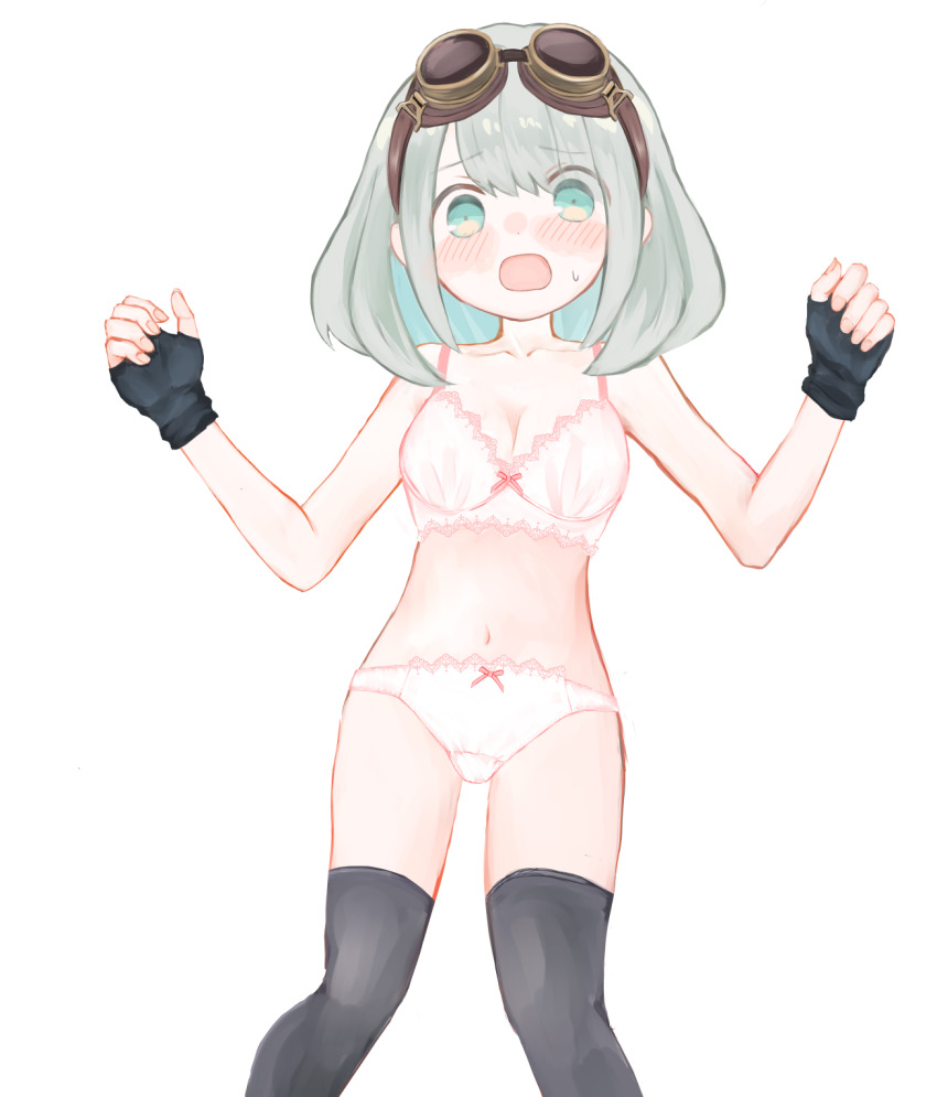 1girl :o black_gloves black_thighhighs blush bow bow_bra bow_panties bra breasts collarbone commentary_request commission constricted_pupils feet_out_of_frame fingernails furrowed_brow gloves goggles goggles_on_head green_eyes green_hair half_gloves highres lingerie looking_at_viewer medium_breasts medium_hair navel open_mouth original paid_reward_available panties picot_trim_panties pink_bra pink_panties sarada_(meaf3748) simple_background skeb_commission solo standing surprised sweatdrop thighhighs underwear w_arms white_background wide-eyed