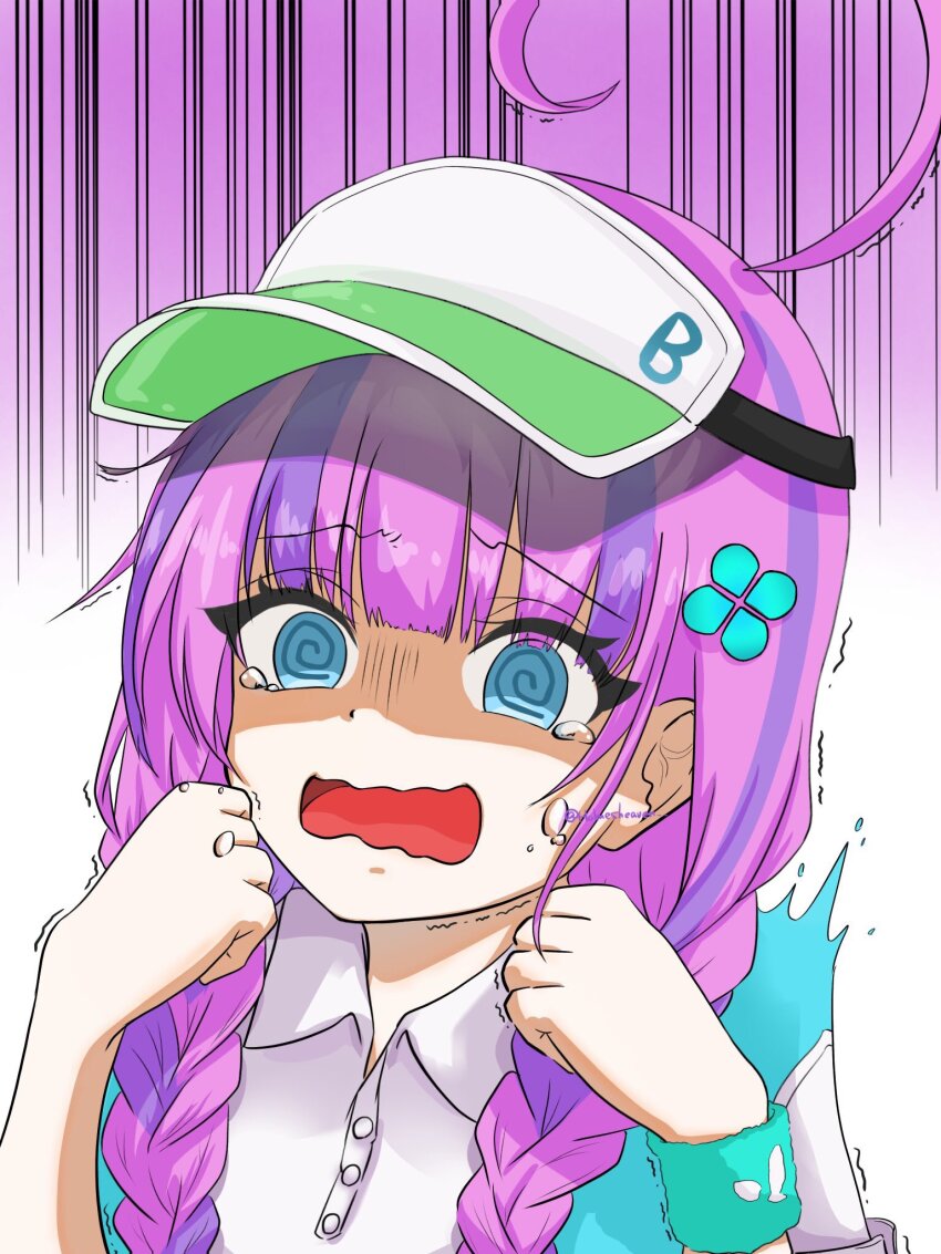 1girl ahoge aqua_eyes braid clover_hair_ornament date_akari hair_ornament heaven_burns_red highres holmes_hvbn long_hair multicolored_hair purple_hair ringed_eyes solo sportswear streaked_hair tennis_uniform twin_braids visor_cap