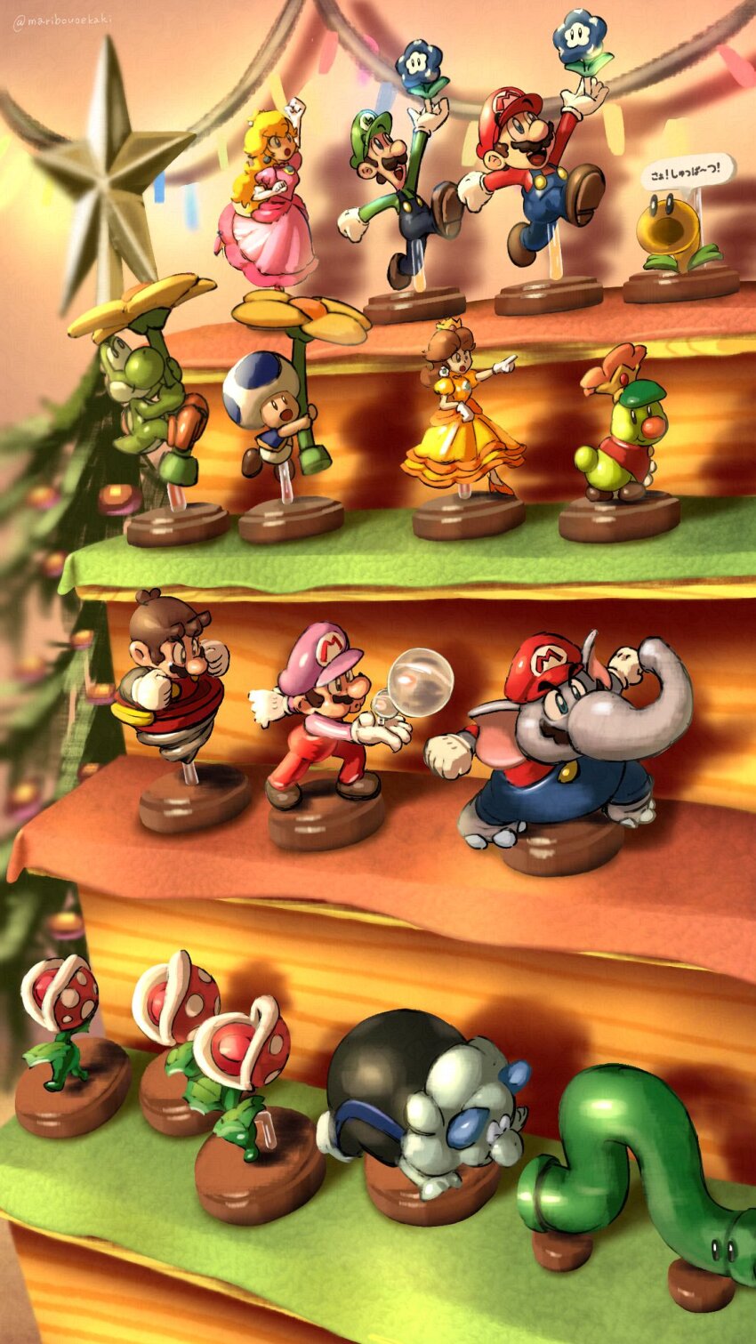 2girls 5boys blonde_hair blue_overalls blue_toad_(mario) brown_hair bubble_mario bulrush_(mario) caterpillar christmas christmas_lights christmas_tree crown drainpipe dress drill_mario elephant elephant_mario facial_hair figure flower gloves green_hat green_shirt hat highres inchworm_pipe luigi maribou_(supermaribou) mario mario_(series) multiple_boys multiple_girls mustache nintendo orange_dress overalls pink_dress plant prince_florian princess princess_daisy princess_peach propeller_flower red_hat red_shirt shelf shirt shoes super_mario_bros._wonder talking_flower_(mario) toad_(mario) toy trottin&#039;_piranha_plant wonder_flower yoshi