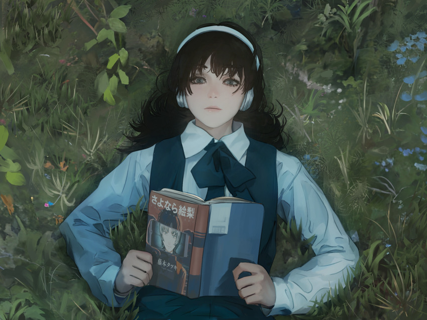 1girl absurdres black_hair black_neckerchief black_overalls book cellphone chainsaw_man chinese_commentary collared_shirt commentary creator_connection eri_(sayonara_eri) expressionless flower from_above grass green_eyes grey_eyes grey_hair headphones highres holding holding_book lips long_sleeves looking_at_viewer lying making-of_available manga_(object) medium_hair mitaka_asa movie_reference neckerchief on_back on_grass open_book overall_skirt overalls parasite_in_love phone plant sayonara_eri school_uniform shirt smartphone solo straight-on upper_body white_shirt yao_liao_wang