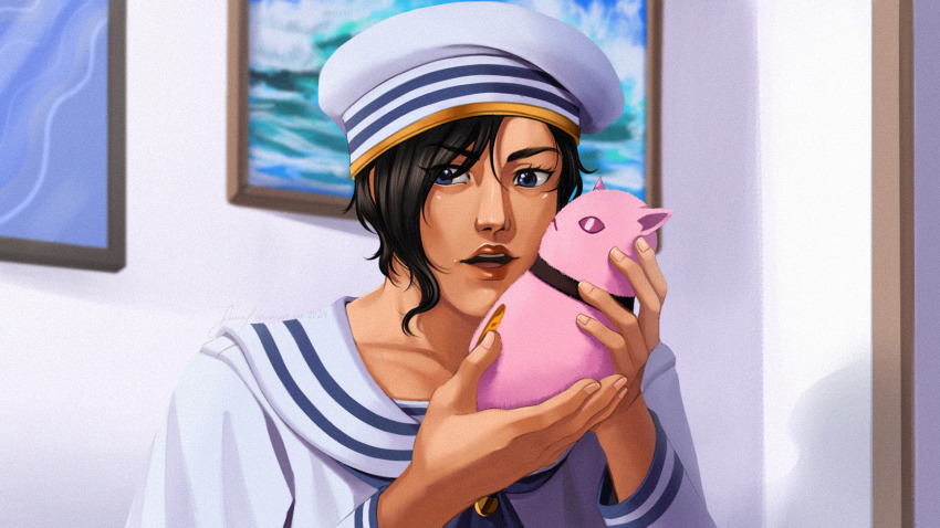 1boy black_hair blue_eyes hat highres holding indoors jojo_no_kimyou_na_bouken jojolion killer_queen kira_yoshikage_(jojolion) lauriart-exe long_sleeves parody sailor sailor_collar sailor_hat shirt white_sailor_collar white_shirt