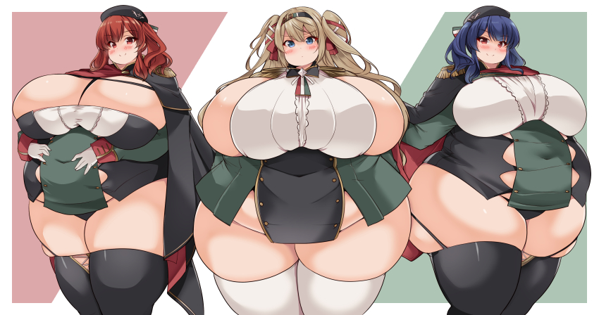 3girls absurdres arms_behind_back azur_lane beret black_panties black_thighhighs blonde_hair blue_eyes blue_hair blush bottomless breasts button_gap cleavage covered_navel epaulettes fat fat_woman garter_straps gigantic_breasts gloves gorizia_(azur_lane) hair_ribbon hairband hand_on_another&#039;s_shoulder hands_on_own_stomach hat highres huge_breasts italian_flag jacket jacket_on_shoulders kurokaze_no_sora long_hair medium_hair multiple_girls obese panties pola_(azur_lane) red_eyes red_hair ribbon side_ponytail sideboob sideless_shirt smile standing thick_thighs thighhighs thighs tight_clothes twintails underwear white_gloves white_thighhighs wide_hips zara_(azur_lane)
