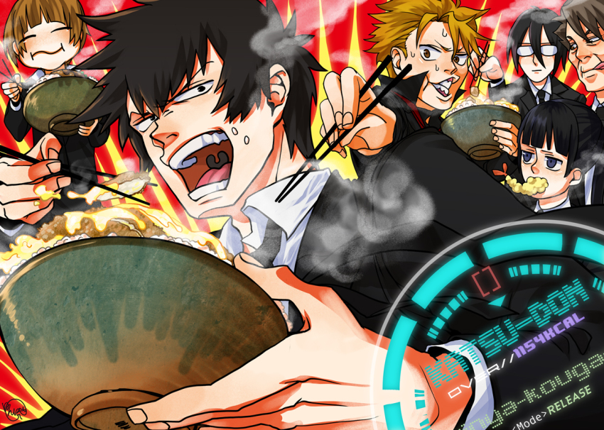 10s 2girls 4boys augmented_reality bowl chopsticks eating food ginoza_nobuchika hannya_g hannyag kagari_shuusei kougami_shin&#039;ya kunizuka_yayoi masaoka_tomomi multiple_boys multiple_girls nobuchika_ginoza psycho-pass tsunemori_akane