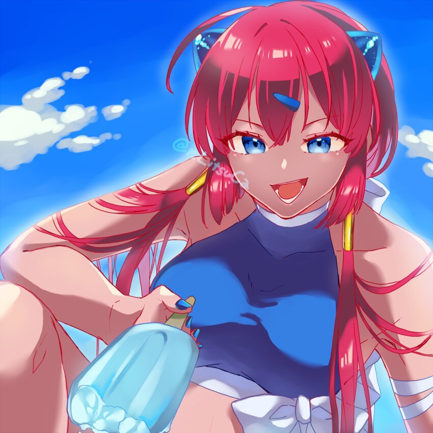 1girl :d ahoge anise_azeat blue_eyes blue_sky breasts cloud dark-skinned_female dark_skin food galaxy_angel galaxy_angel_rune hair_between_eyes hair_ornament hairclip hairpods highres holding holding_food long_hair low_twintails medium_breasts open_mouth outdoors popsicle red_hair ritsu_(r_litsuca) sky sleeveless smile solo twintails twitter_username upper_body