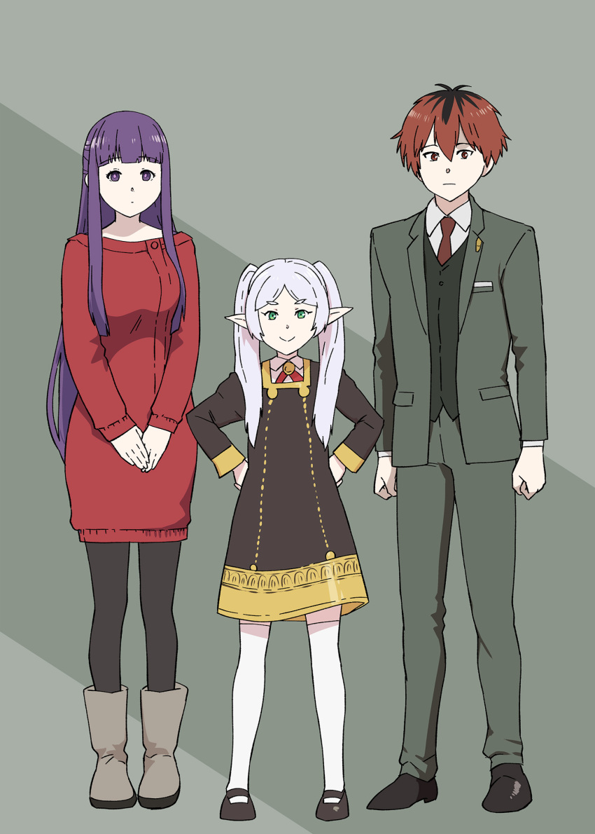 (sousou 1boy 2girls anya_(spy_x_family)_(cosplay) black_dress black_footwear black_pantyhose black_vest blazer blunt_bangs boots closed_mouth commentary cosplay dress dress_shirt eden_academy_school_uniform expressionless fern_(sousou_no_frieren) formal_clothes frieren green_eyes grey_background grey_footwear grey_hair grey_jacket grey_pants hands_on_own_hips highres jacket long_hair long_sleeves looking_at_viewer mary_janes medium_dress multiple_girls necktie no over-kneehighs pants pantyhose pointy_ears purple_eyes purple_hair red_dress red_hair red_necktie school_uniform shirt shoes short_hair smile sousou_no_frieren spy_x_family stark_(sousou_no_frieren) suit sweater sweater_dress thighhighs twilight_(spy_x_family)_(cosplay) twintails ueyama_michirou v_arms vest voice_actor_connection white_shirt white_thighhighs wing_collar yor_briar_(cosplay)