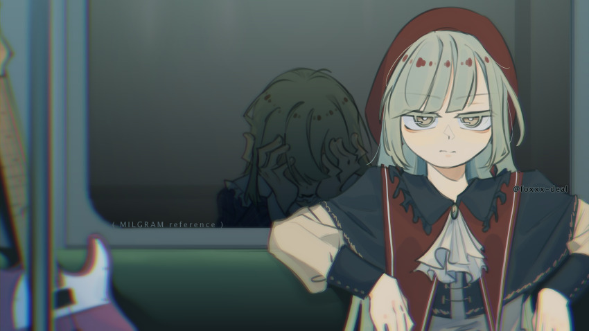 2girls absurdres ascot bang_dream! bang_dream!_it&#039;s_mygo!!!!! beret black_capelet capelet different_reflection dual_persona foxxx-deal green_hair guitar hat highres instrument long_hair looking_at_viewer mortis_(bang_dream!) mortis_(costume)_(bang_dream!) mortis_(persona)_(bang_dream!) multiple_girls on_train red_hat reflection sitting wakaba_mutsumi white_ascot yellow_eyes