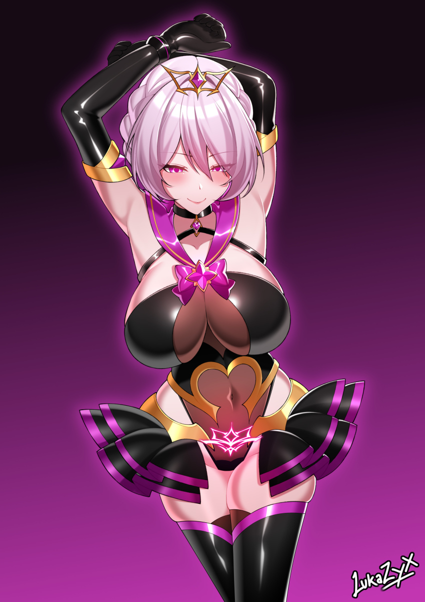 1girl absurdres armpits arms_up artist_name black_choker black_gloves black_skirt black_thighhighs blush bow braid breasts choker cleavage closed_mouth corruption covered_navel cowboy_shot dark_persona elbow_gloves eyes_visible_through_hair gloves glowing glowing_eyes gradient_background hair_between_eyes highleg highleg_leotard highres jewelry large_breasts leiva leotard looking_at_viewer magical_girl original pink_eyes pink_hair pink_sailor_collar pleated_skirt pubic_tattoo purple_background purple_eyes sailor_collar shiny_clothes short_hair showgirl_skirt signature simple_background skindentation skirt smile solo standing tattoo thighhighs tiara