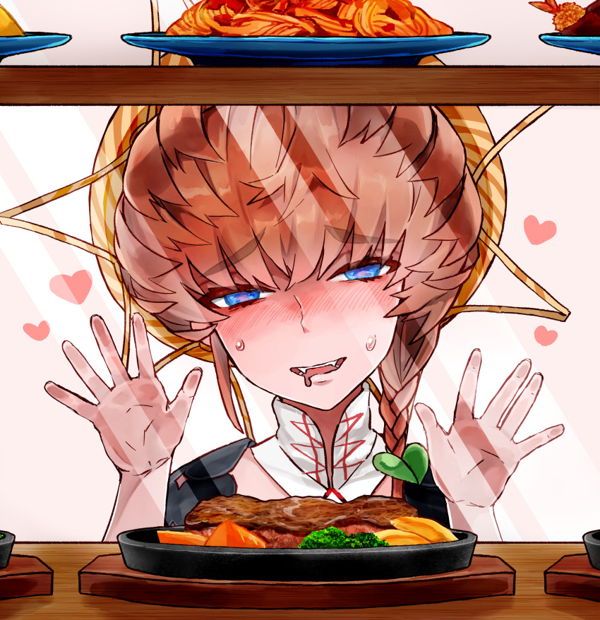 1girl absurdres against_glass blue_eyes blush braid brown_hair display_case drooling fangs fate/grand_order fate_(series) food hands_up heart highres looking_at_viewer open_mouth orange_headwear pasta plate shimogamo_(shimomo_12) shrimp shrimp_tempura side_braid simple_background solo spaghetti steak teeth tempura upper_body upper_teeth_only van_gogh_(fate) van_gogh_(first_ascension)_(fate) white_background