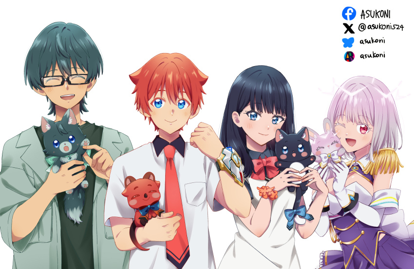2boys 2girls acceptor black_hair blue_eyes blush bow bowtie breasts cleavage collared_shirt couple epaulettes frilled_skirt frills glasses gloves green_hair gridman_universe gridman_universe_(movie) hibiki_yuuta highres holding jacket long_hair looking_at_viewer multiple_boys multiple_girls necktie nikonishi one_eye_closed open_mouth purple_hair purple_skirt red_bow red_eyes red_hair school_uniform scrunchie shinjou_akane shinjou_akane_(new_order) shirt short_hair short_sleeves simple_background skirt smile takarada_rikka utsumi_shou white_gloves white_shirt wing_collar wrist_scrunchie