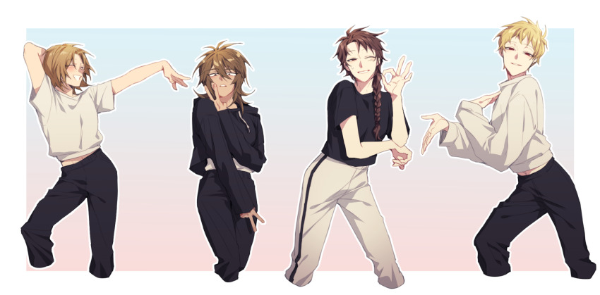 4boys alternate_costume arm_behind_head arm_up atou_haruki black_hoodie black_pants black_shirt blonde_hair brown_eyes brown_hair closed_eyes commentary_request cropped_legs gradient_background grin hand_on_own_chest highres hood hoodie isoi_reiji korean_commentary long_sleeves male_focus medium_hair mometsu_033 multiple_boys navel ok_sign one_eye_closed outline outside_border pants pop-up_headlights red_eyes saibou_shinkyoku scar scar_on_face scar_on_forehead shinano_eiji shirt short_hair short_sleeves side_ponytail simple_background single_pop-up_headlight smile sweat sweatpants t-shirt white_outline white_pants white_shirt