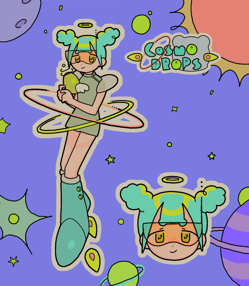 1girl aqua_hair armored_boots blue_background boots commentary dot_nose double_bun dress energy_gun english_text full_body goggles green_dress green_footwear grey_outline gun hair_bun halo handgun highres holding holding_gun holding_weapon hoop knee_boots looking_at_viewer multiple_views orange_goggles original outline planet portrait rocket_boots short_dress short_hair shuujuu_misobata sidelocks simple_background sky smile star_(sky) straight-on sun symbol-only_commentary weapon yellow_eyes yellow_halo