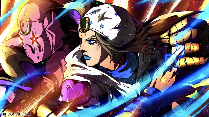 1boy blonde_hair blue_eyes blue_lips brown_hair hat heart highres hood hoodie horseshoe johnny_joestar jojo_no_kimyou_na_bouken lipstick makeup male_focus medium_hair noonvincent pointing solo stand_(jojo) star_(symbol) star_print steel_ball_run tusk_(stand) tusk_act4