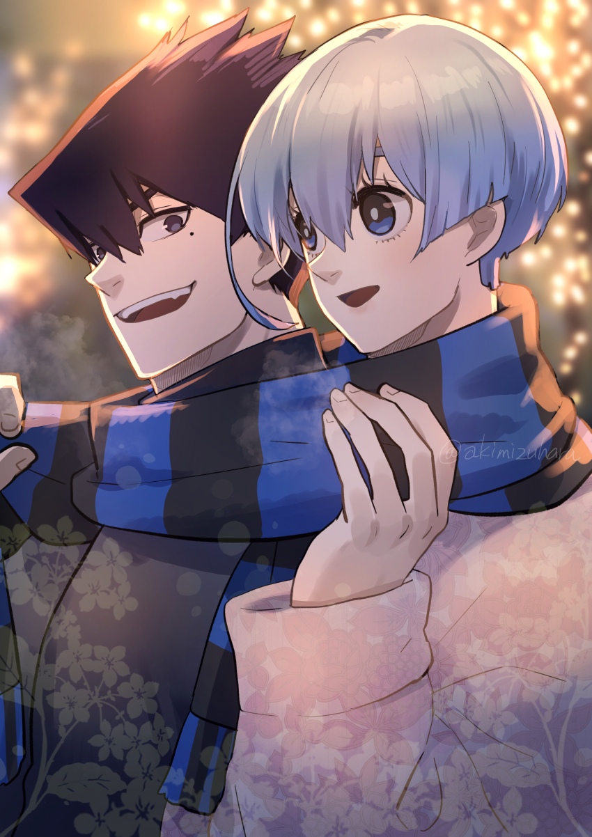 2boys absurdres black_hair blue_eyes blue_hair blue_lock blurry blurry_background highres implied_yaoi karasu_tabito looking_at_another male_focus mizuhara_aki mole mole_under_eye multiple_boys open_mouth scarf shared_clothes shared_scarf striped_clothes striped_scarf twitter_username you_hiori