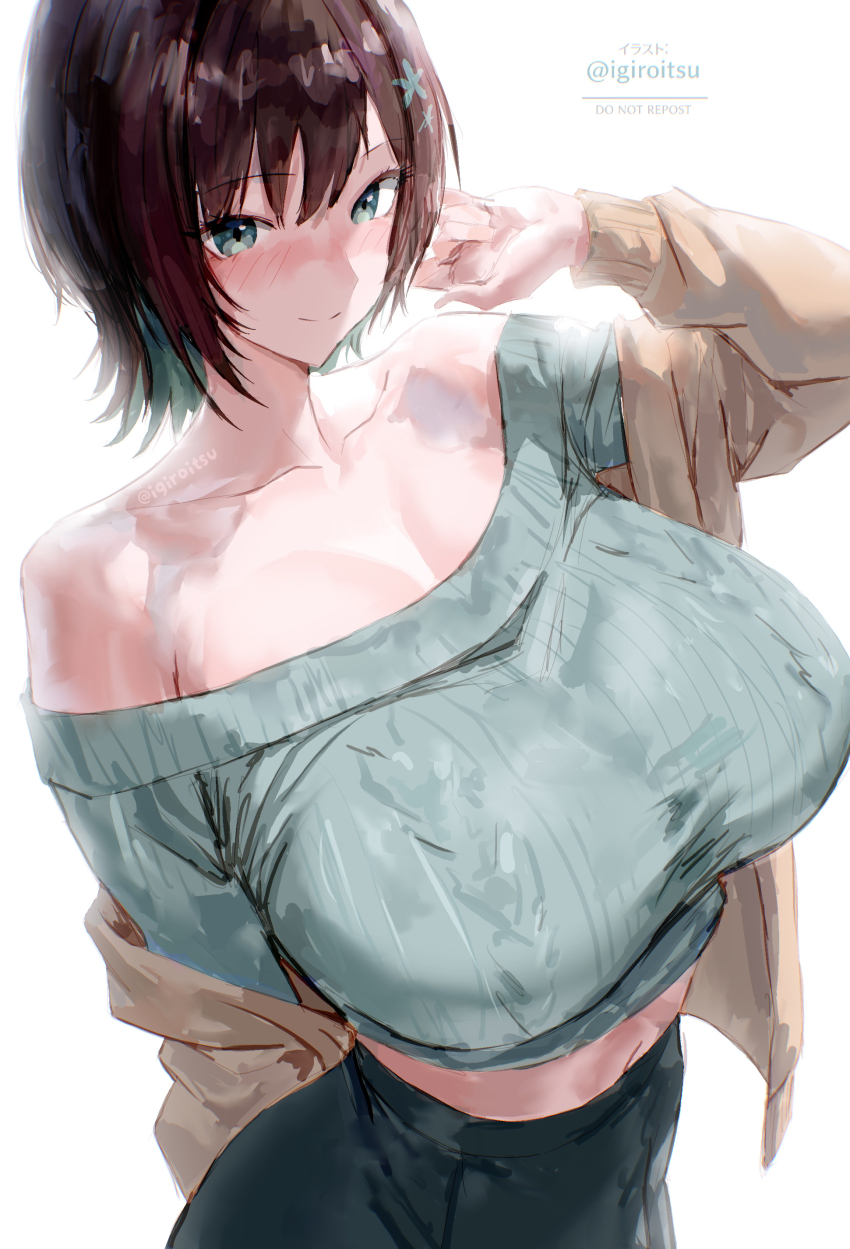 1girl absurdres bare_shoulders blush breasts brown_hair brown_jacket closed_mouth collarbone green_eyes highres huge_breasts igiroitsu jacket looking_at_viewer midriff navel off-shoulder_sweater off_shoulder original short_hair simple_background smile solo sweater twitter_username white_background