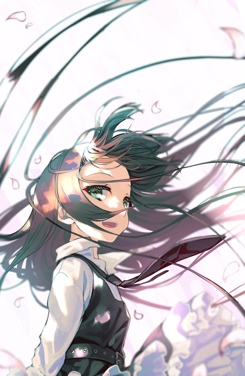 1girl absurdres arms_behind_back belt black_belt black_dress black_hair black_necktie blurry_edges clothes_lift collared_shirt dress dress_over_shirt flat_chest floating_hair frilled_dress frills green_eyes highres kagome_(traumatize) long_hair long_sleeves looking_at_viewer natsume_ai necktie open_mouth petals pinafore_dress pink_petals sakura_no_toki sakura_no_uta shirt simple_background skirt skirt_lift sleeveless sleeveless_dress smile solo straight_hair teeth tongue upper_body upper_teeth_only very_long_hair white_background white_shirt wind