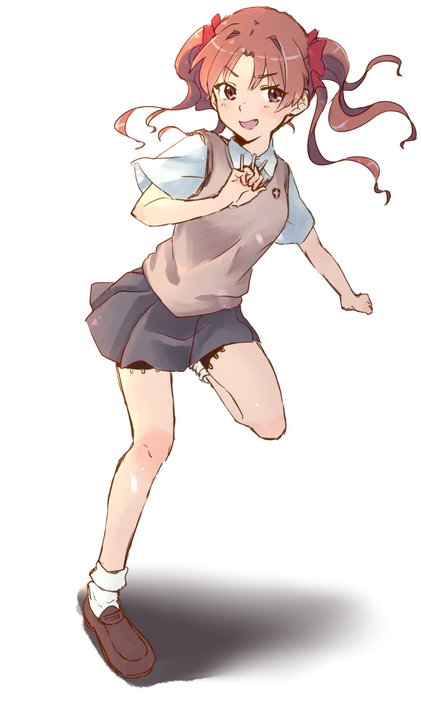 1girl absurdres bow brown_eyes brown_hair brown_shoes brown_sweater_vest collared_shirt commentary_request grey_skirt hair_bow highres holster loafers long_hair looking_to_the_side miniskirt needle open_mouth pleated_skirt red_bow school_emblem school_uniform sekinaito03 shirai_kuroko shirt shoes short_sleeves skirt smile solo standing standing_on_one_leg summer_uniform sweater_vest thigh_holster throwing_needles toaru_kagaku_no_railgun toaru_majutsu_no_index tokiwadai_school_uniform twintails white_shirt