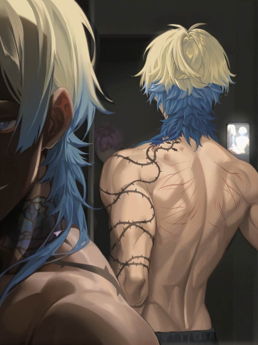1boy back back_tattoo black_background blonde_hair blue_hair blue_lock byakuyablaise flower_tattoo highres holding holding_phone male_focus medium_hair michael_kaiser mirror multicolored_hair pants phone reflection streaked_hair tattoo toned toned_male topless_male two-tone_hair