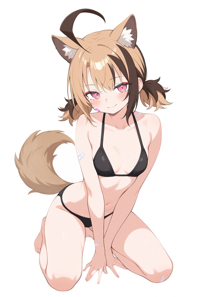 1girl absurdres ahoge ai-assisted animal_ear_fluff animal_ears bikini black_bikini blonde_hair blush breasts dog_ears dog_tail gigi_murin highres hololive hololive_english huge_ahoge kneeling looking_at_viewer multicolored_hair red_eyes short_hair short_twintails simple_background small_breasts smile solo swimsuit tail twintails two-tone_hair virtual_youtuber white_background xyerayume