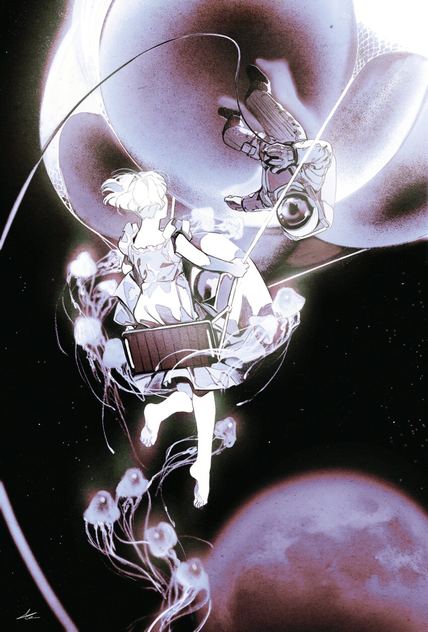 1girl absurdres artist_name astronaut balloon bare_legs barefoot chair colored_skin dress floating gloves helmet highres in_orbit jellyfish looking_at_another original outdoors planet short_hair signature sitting sleeveless sleeveless_dress space space_helmet space_uniform star_(sky) toktin_zq white_dress white_hair white_skin
