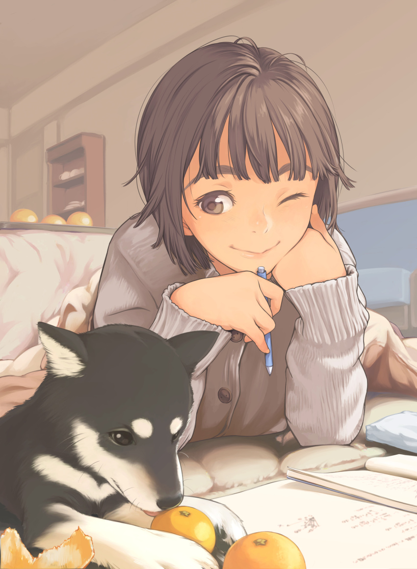 1girl absurdres animal arm_support book brown_eyes brown_hair buttons cardigan closed_mouth comic_koh cover cover_page cup cupboard dog food fruit grey_cardigan hand_on_own_cheek hand_on_own_face highres holding holding_pen indoors kamo_(gafas) kotatsu lips long_sleeves looking_at_animal looking_to_the_side lying mandarin_orange notebook on_stomach one_eye_closed open_book orange_(fruit) orange_peel original pen shelf shiba_inu short_hair sleeves_past_wrists smile solo table teacup upper_body