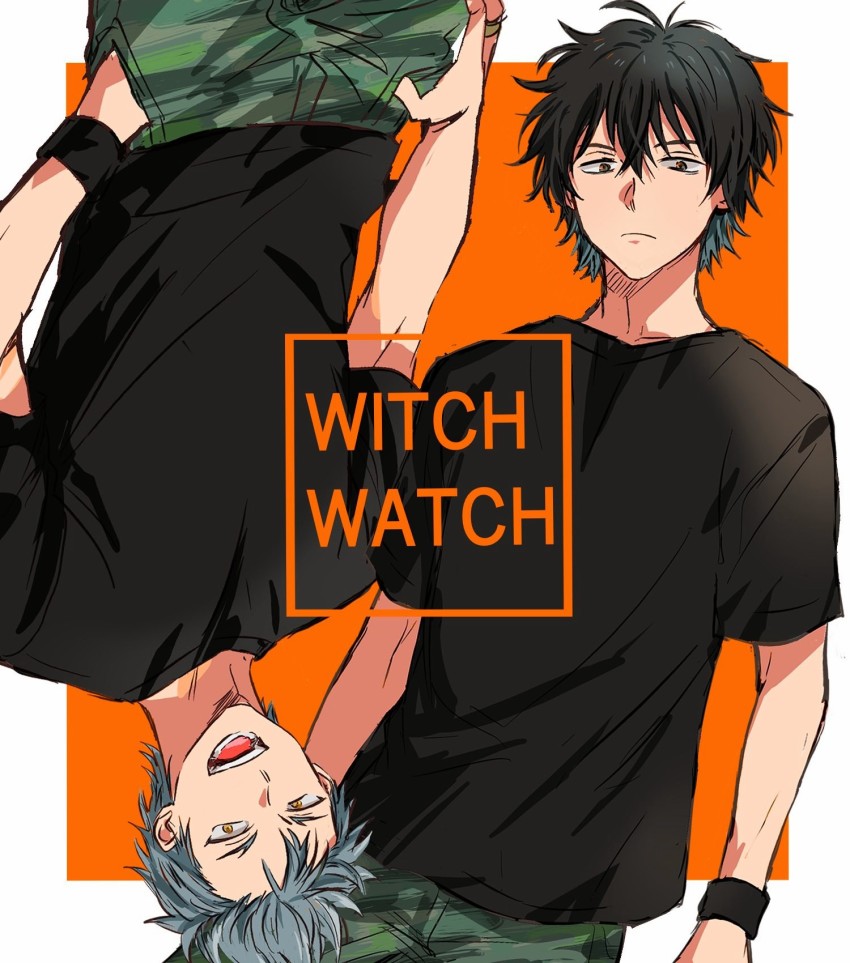 1boy :d black_hair black_shirt camouflage camouflage_pants copyright_name dual_persona english_text grey_hair highres hinata_(ryohinata) jewelry magami_keigo multiple_views open_mouth orange_background pants ring shirt short_sleeves smile witch_watch wristband yellow_eyes