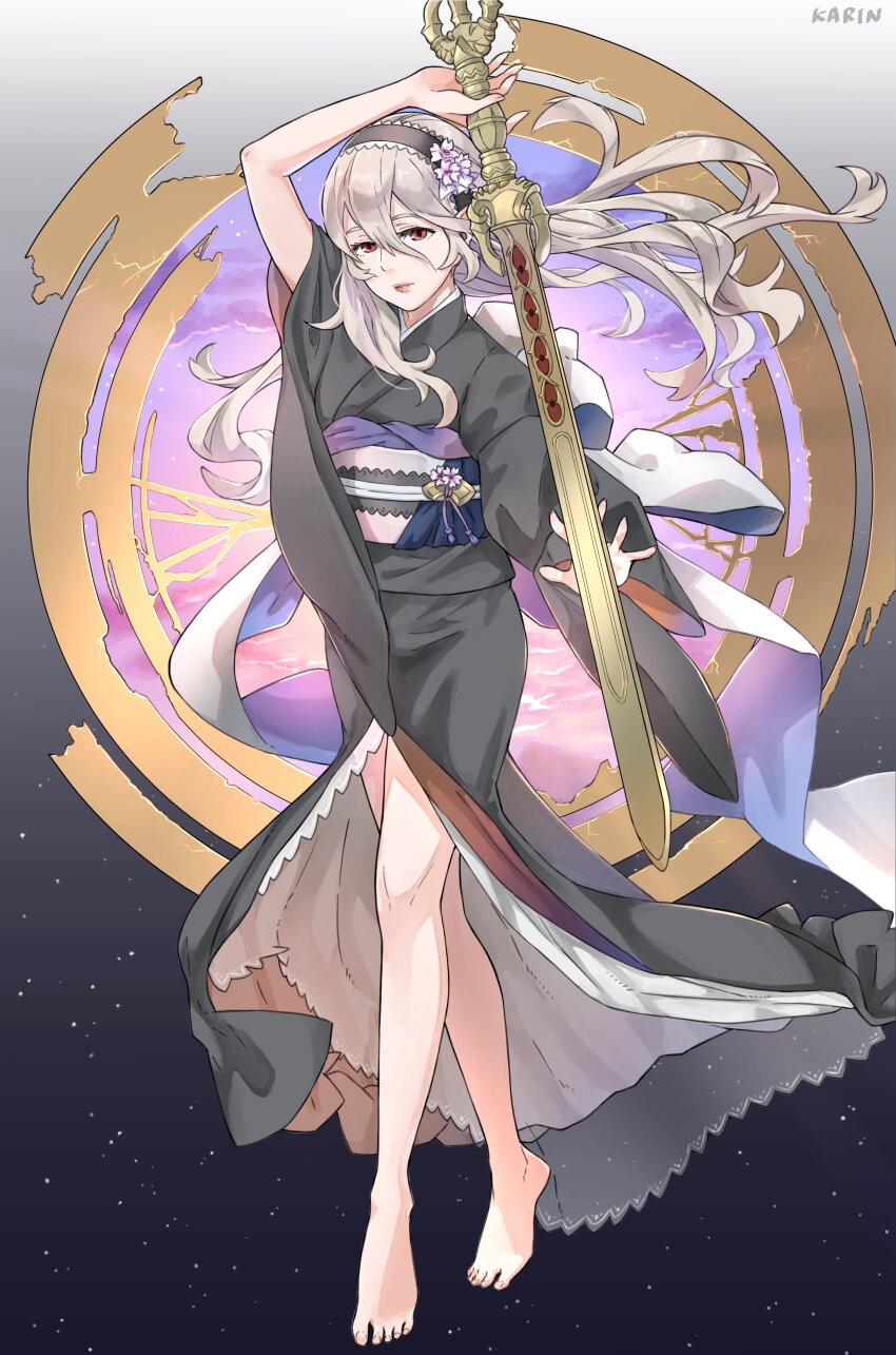1girl absurdres alternate_costume artist_name barefoot black_hairband black_kimono female_corrin_(fire_emblem) fire_emblem fire_emblem_fates floating_hair full_body grey_hair hairband highres holding holding_sword holding_weapon japanese_clothes karrincorrin kimono lips long_hair nintendo obi parted_lips pink_lips pointy_ears red_eyes sash solo sword toenails toes weapon wide_sleeves yato_(fire_emblem)