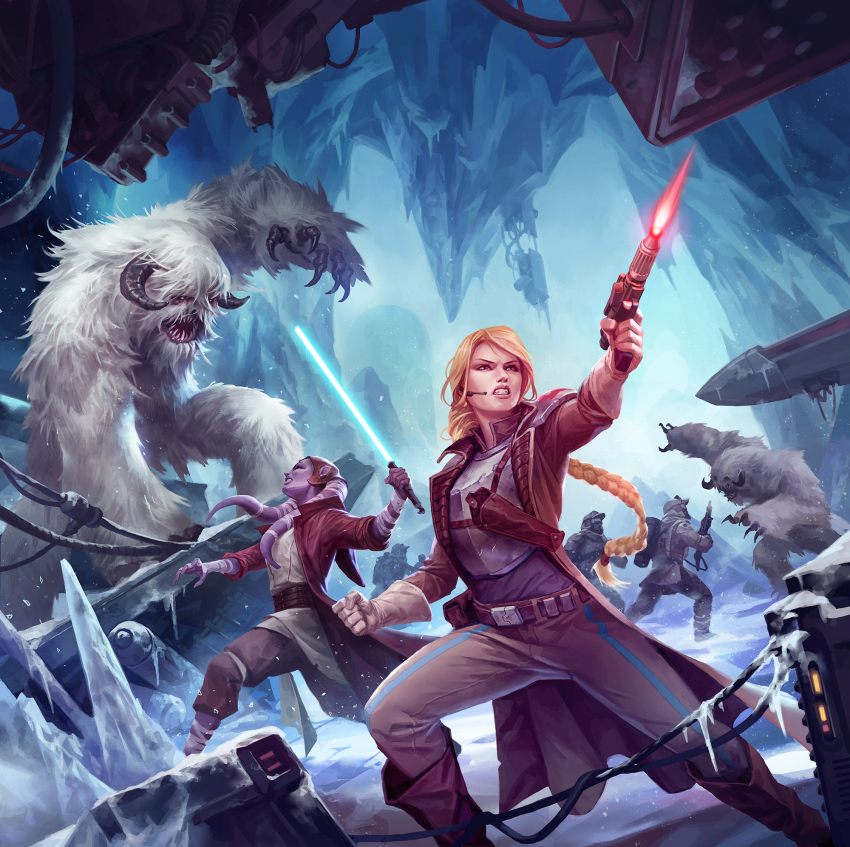 2girls 2others 3boys alien belt blonde_hair blue_lightsaber brown_jacket cave_interior clenched_hand clenched_teeth colored_skin earpiece energy_sword fighting gloves gun highres holding holding_gun holding_sword holding_weapon holster jacket lightsaber long_hair long_jacket michalivan monster multiple_boys multiple_girls multiple_others pants purple_skin red_jacket shoulder_holster snow star_wars sword teeth twi&#039;lek very_long_hair wampa weapon white_gloves white_pants
