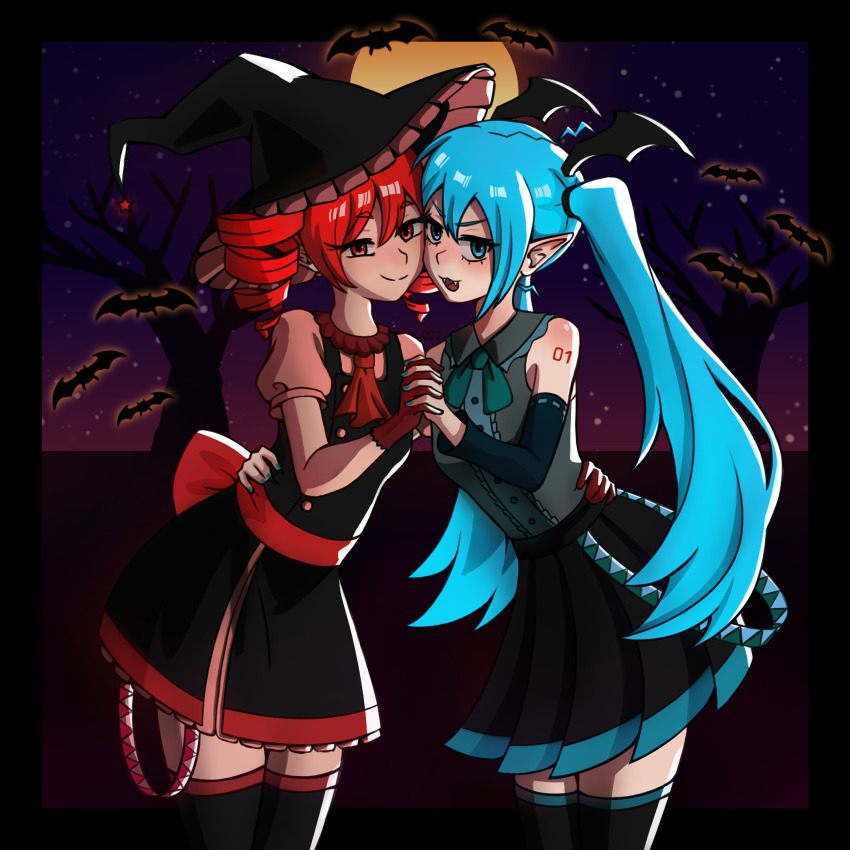 2girls bare_tree blue_eyes blue_hair blue_nails blue_ribbon commentary detached_sleeves drill_hair english_commentary gloves grey_shirt halloween hat hatsune_miku highres holding_hands hug kasane_teto long_hair moon multiple_girls night night_sky open_mouth red_eyes red_gloves red_hair red_ribbon ribbon self-upload shirt sickmayo skirt sky sleeveless sleeveless_shirt standing thighhighs tree twin_drills twintails utau vampire vocaloid witch witch_hat