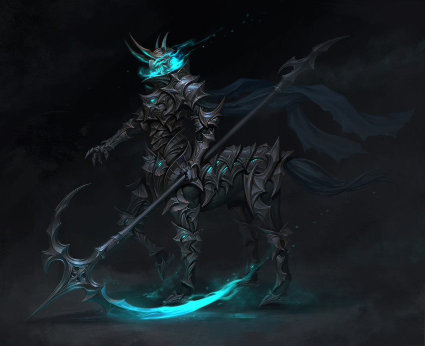 1boy armor centaur centaur_knight cheolseung_ok creature dark_knight fog full_armor gauntlets glowing glowing_weapon greaves helmet highres holding holding_scythe holding_weapon male_focus monster original scythe solo standing tail taur vambraces weapon